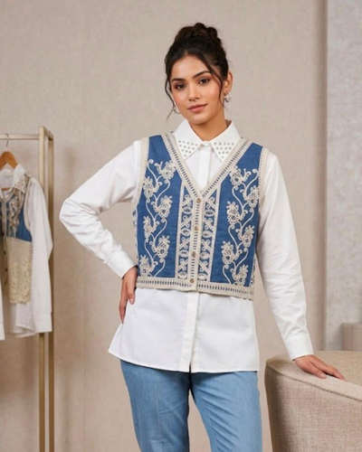 Blue Embroidered Denim Vest Shirt