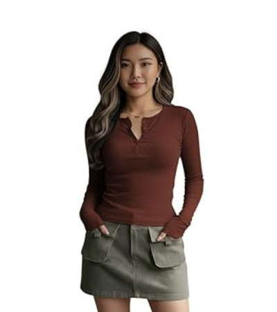 Women's Long Sleeve Slim Fit Top/T-Shirt Henley Neck Casual