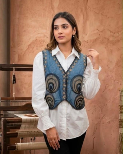 Blue Denim Jacket with Wide Leg Pants