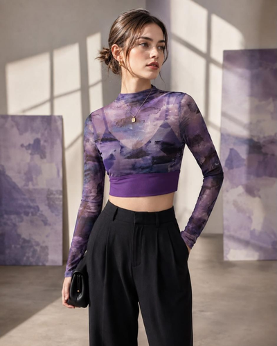 Purple Floral Long Sleeve Crop Top