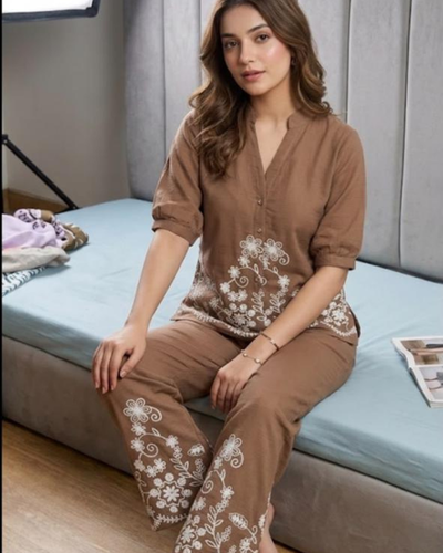 Mocha Embroidered Lounge Co-Ord Set