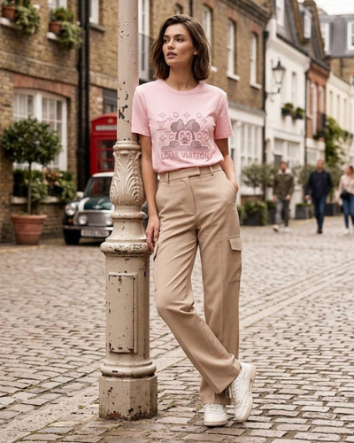 Blush Pink Casual T-Shirt with Beige Pants